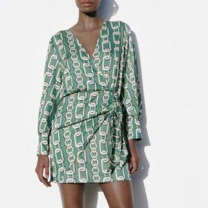 ZARA Green Geometric Print Wrap Dress Women’s  Sz XXL Long Sleeve Tie Waist Mini